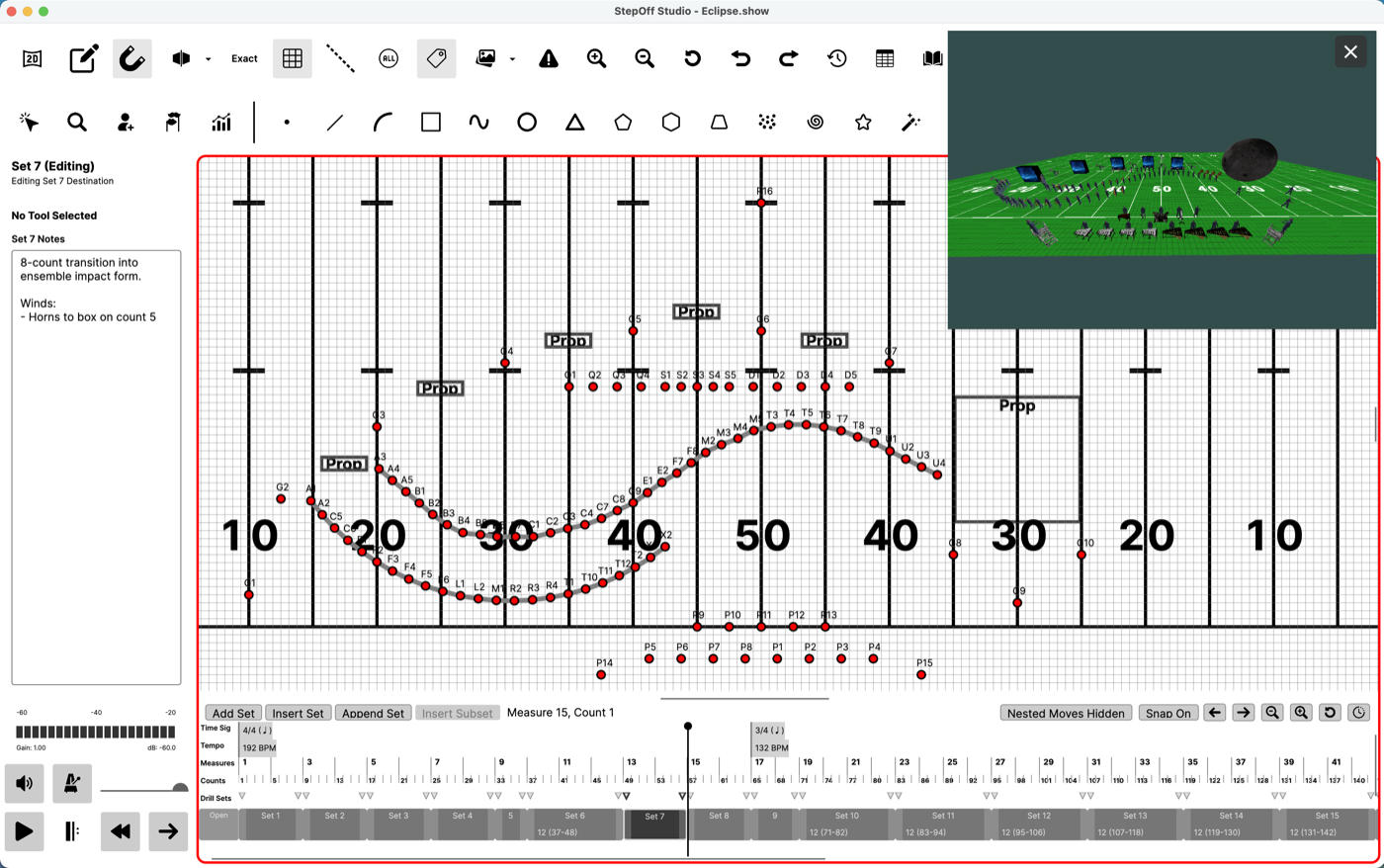 StepOff Studio drill design interface showing a field view, 3D preview, and timeline